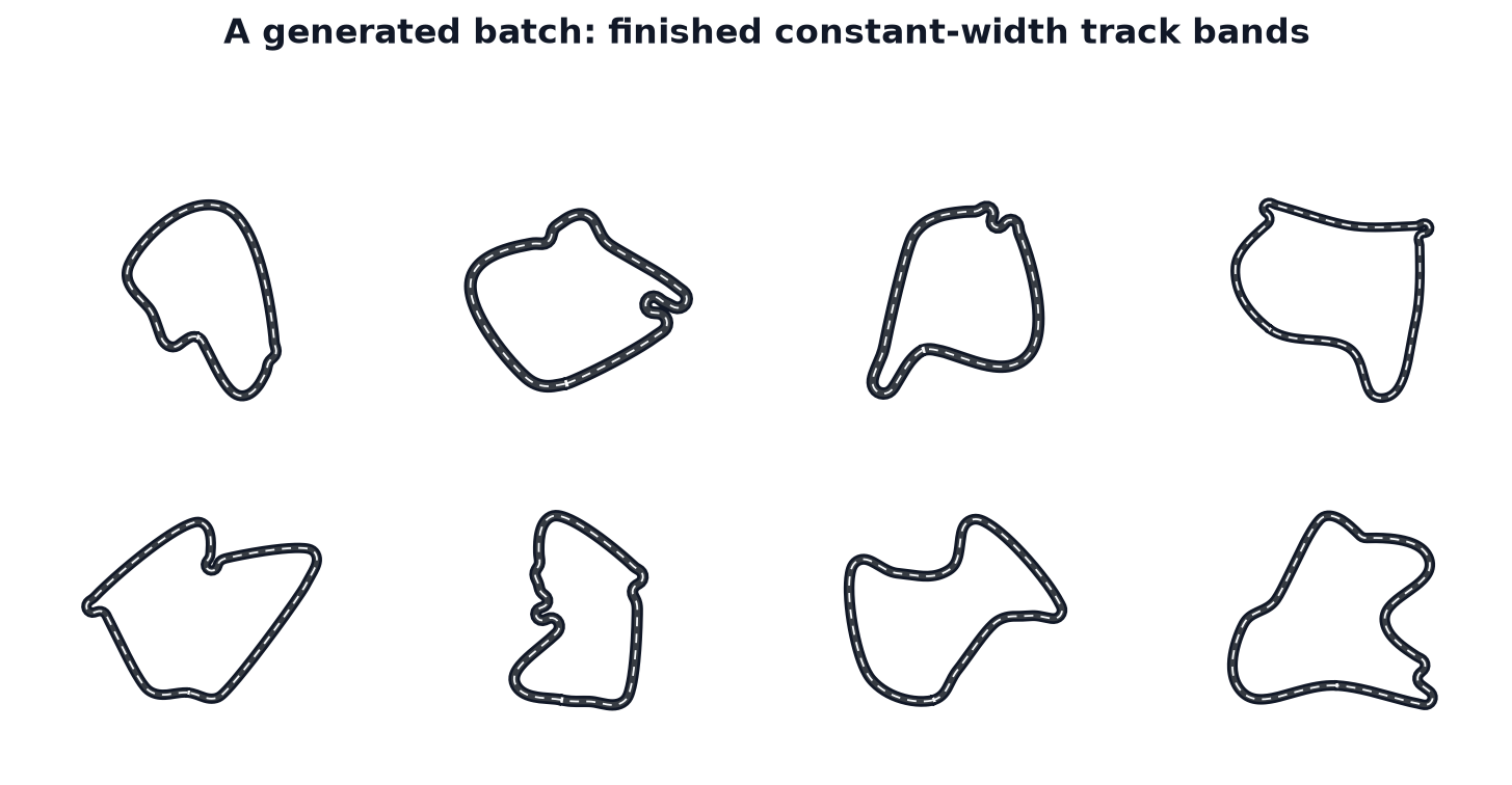 A grid of eight finished, inflated constant-width track bands with outer/inner borders and dashed centerlines.