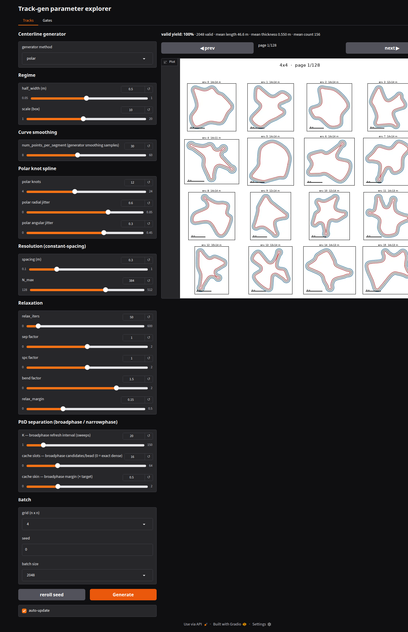 The Track-gen parameter explorer: control panel of sliders beside a 4x4 grid of generated tracks.